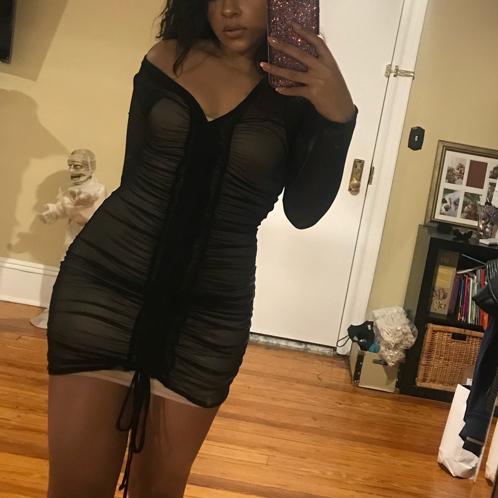 Black Mesh Ruched Dress
